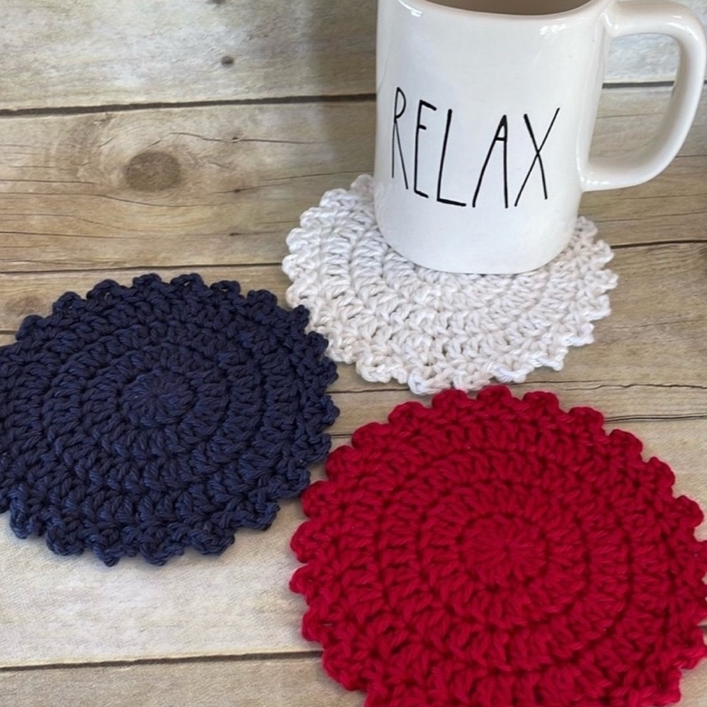 Patriotic Set of 3 Handcrafted Crochet Coaster Set - Red, Navy Blue, and White
